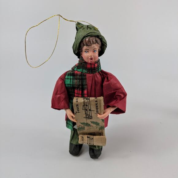 Paper Mache Boy Caroler Christmas Ornament Unique Plastic Handmade Old Fashioned - Picture 1 of 12